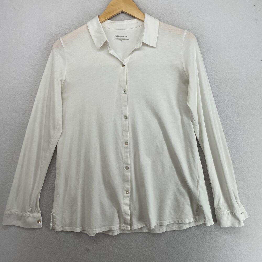 EILEEN FISHER Shirt S Organic Cotton Jersey Button Up Long Sleeve White USA